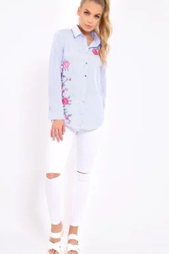 Rebellious Fashion Blue Striped Floral Embroidered Shirt - Fifi