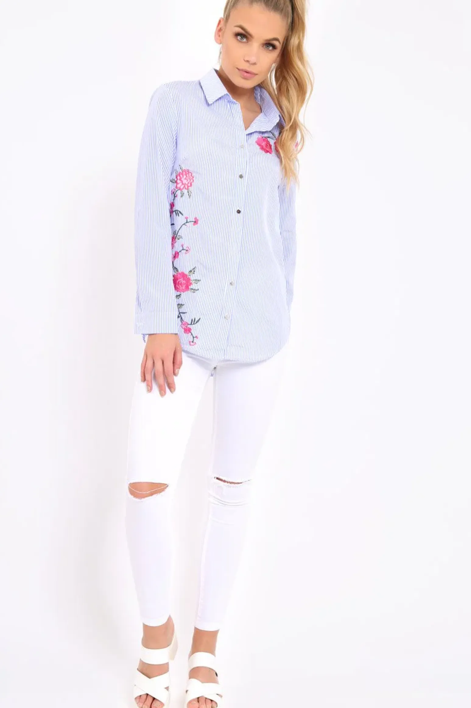 Rebellious Fashion Blue Striped Floral Embroidered Shirt - Fifi