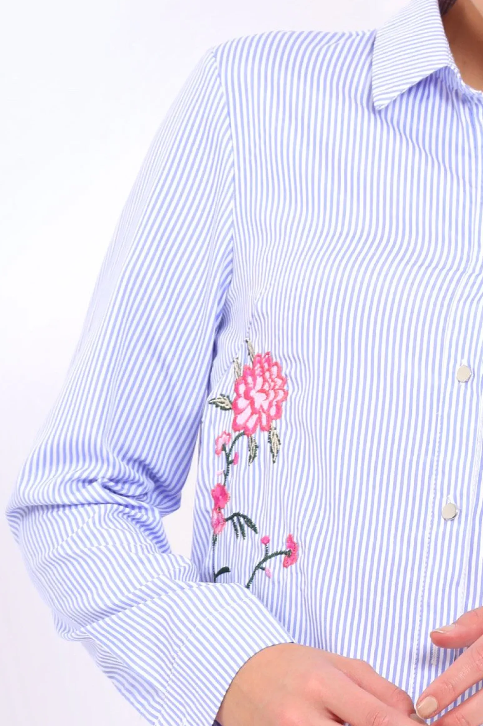 Rebellious Fashion Blue Striped Floral Embroidered Shirt - Fifi