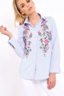 Rebellious Fashion Blue Striped Floral Embroidered Shirt - Gianna