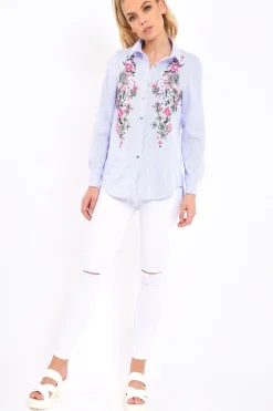 Rebellious Fashion Blue Striped Floral Embroidered Shirt - Gianna