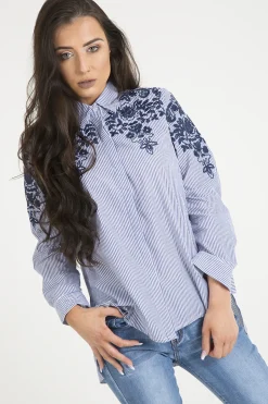 Rebellious Fashion Blue Striped Floral Embroidered Shirt - Mallory