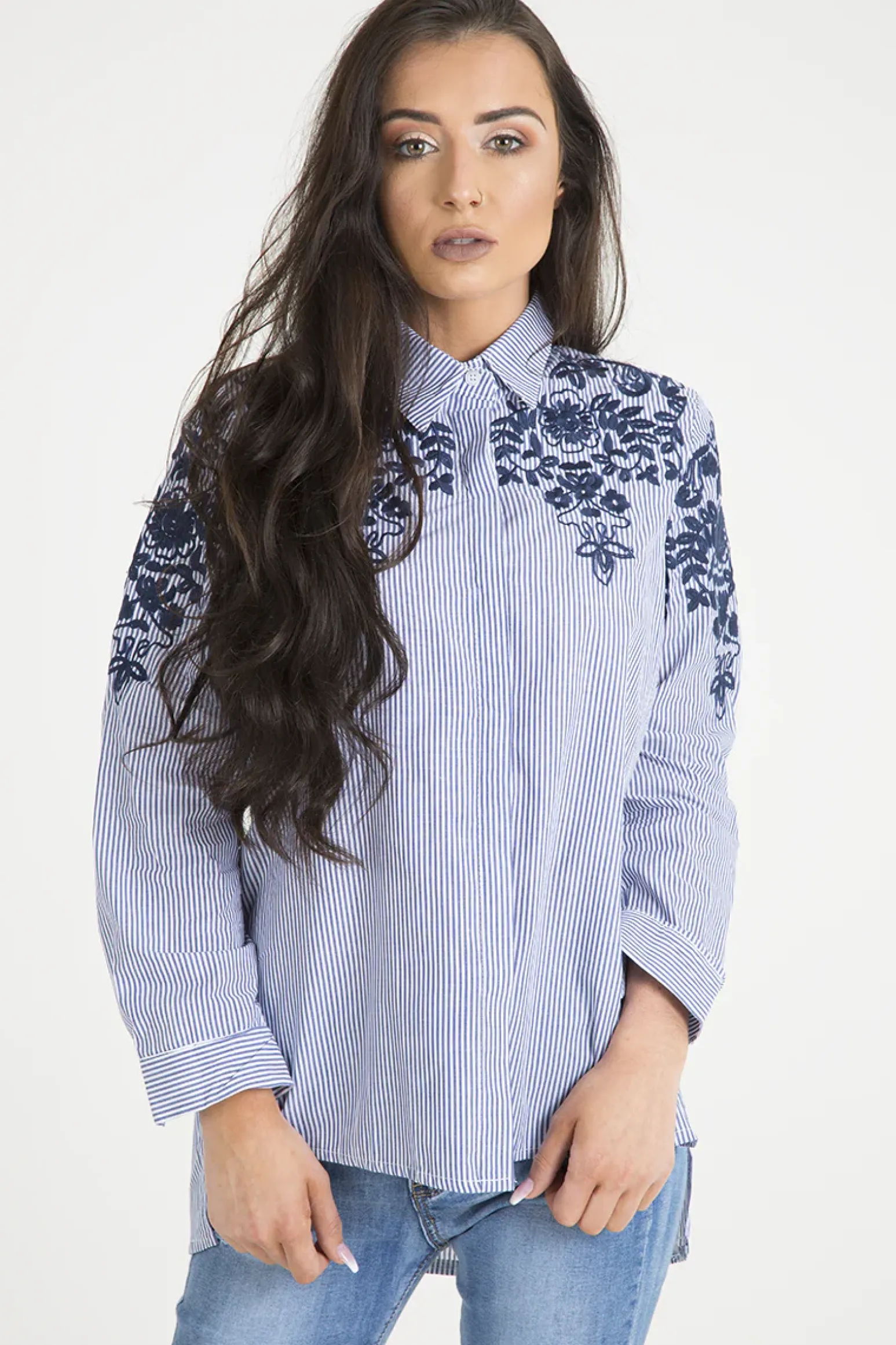 Rebellious Fashion Blue Striped Floral Embroidered Shirt - Mallory