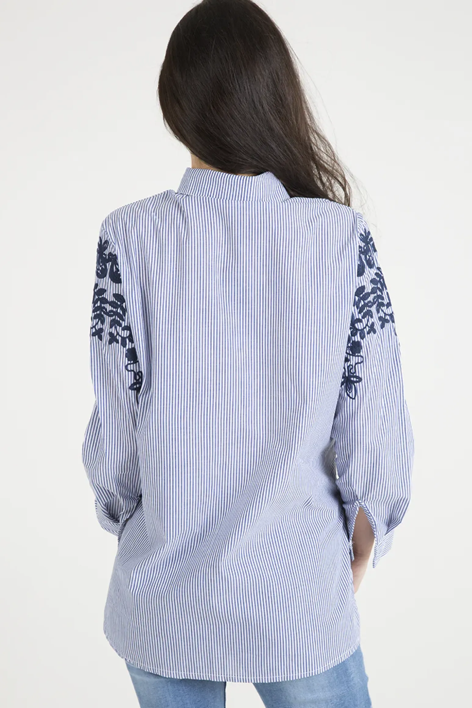 Rebellious Fashion Blue Striped Floral Embroidered Shirt - Mallory