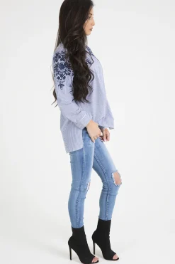Rebellious Fashion Blue Striped Floral Embroidered Shirt - Mallory