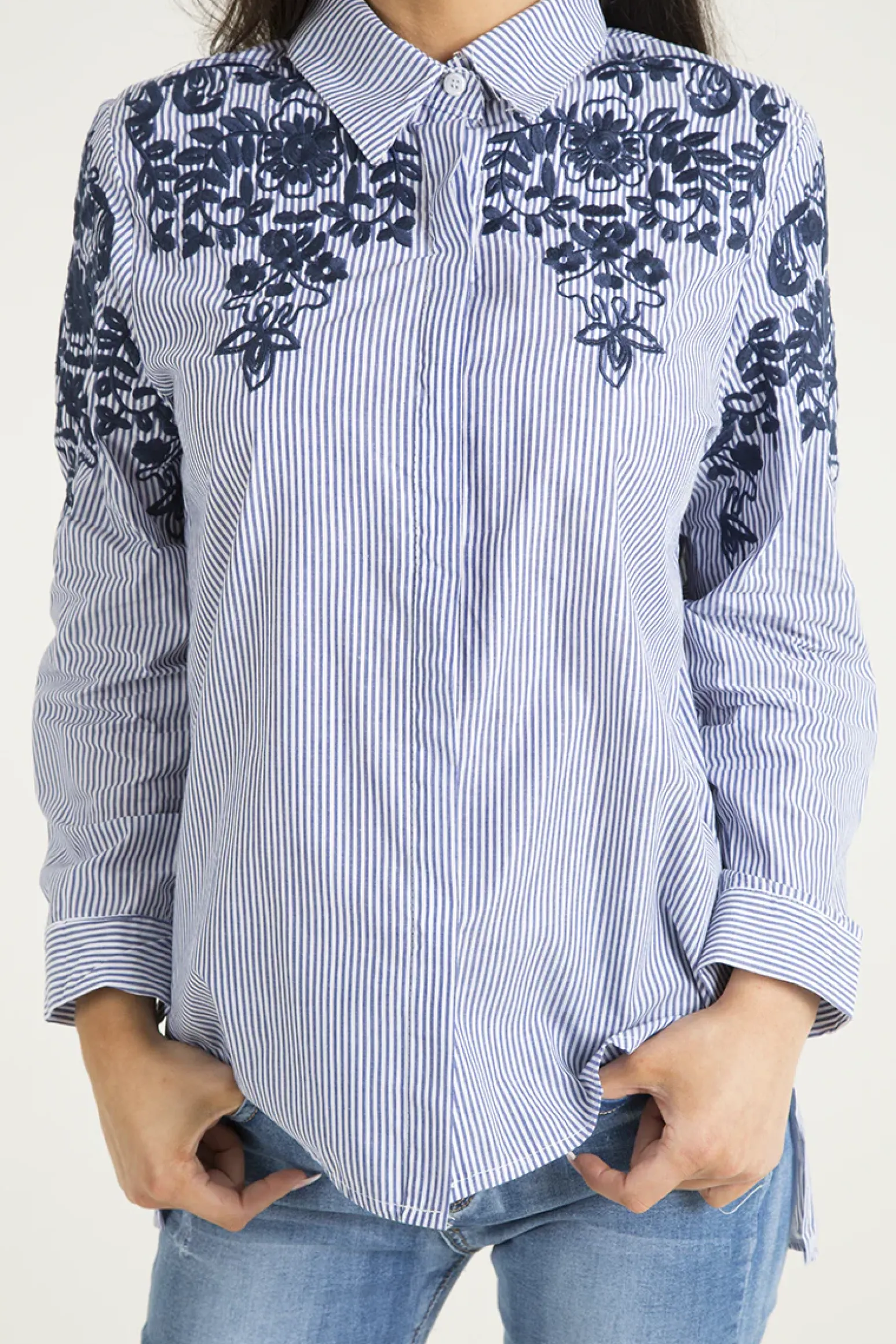 Rebellious Fashion Blue Striped Floral Embroidered Shirt - Mallory