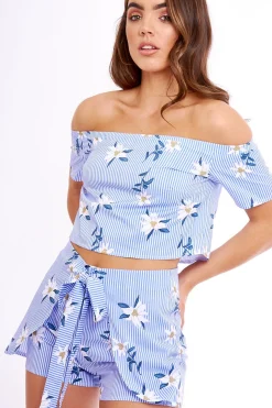 Rebellious Fashion Blue Striped Floral Shorts - Katrin