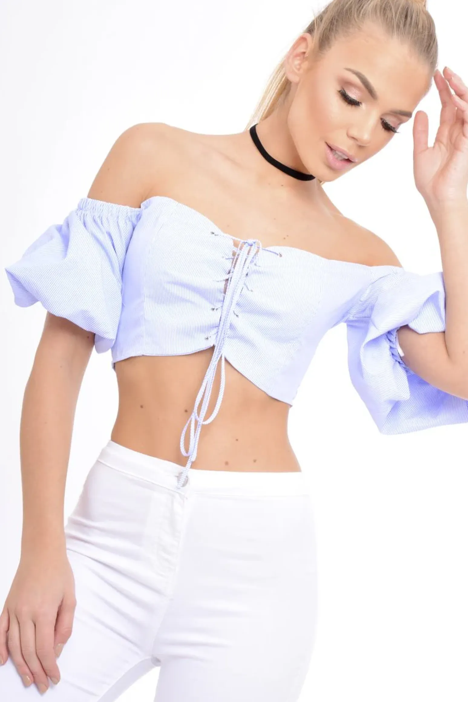 Rebellious Fashion Blue Striped Lace Up Bardot Crop Top - Malin