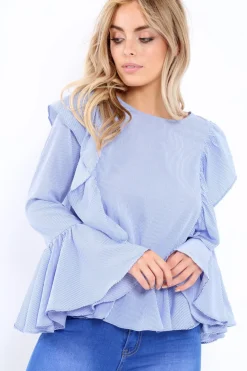 Rebellious Fashion Blue Stripe Frill Hem Blouse - Alexis