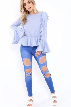 Rebellious Fashion Blue Stripe Frill Hem Blouse - Alexis