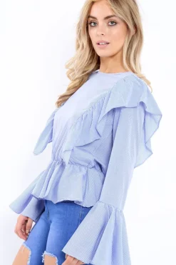 Rebellious Fashion Blue Stripe Frill Hem Blouse - Alexis