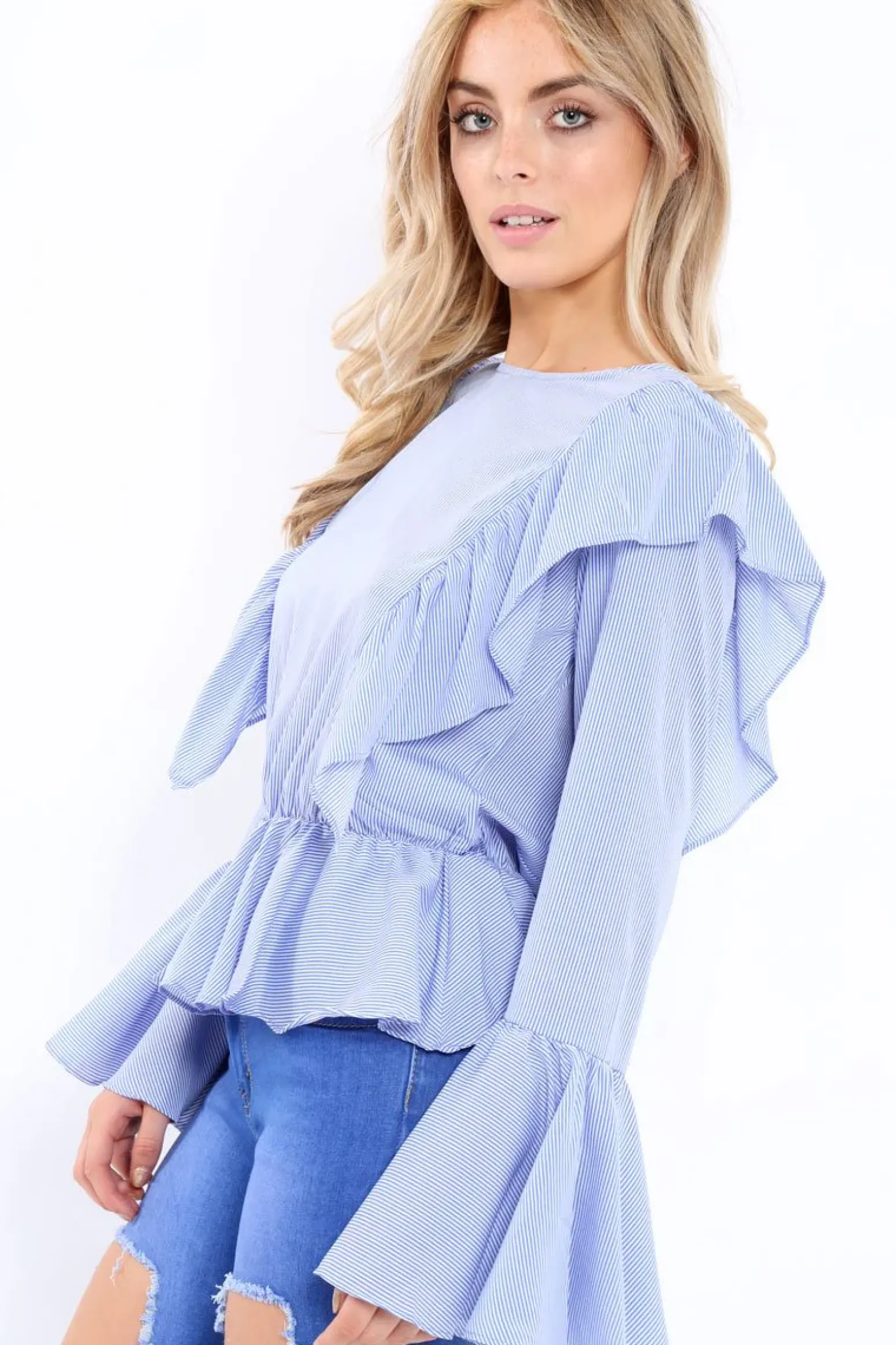 Rebellious Fashion Blue Stripe Frill Hem Blouse - Alexis