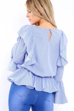 Rebellious Fashion Blue Stripe Frill Hem Blouse - Alexis