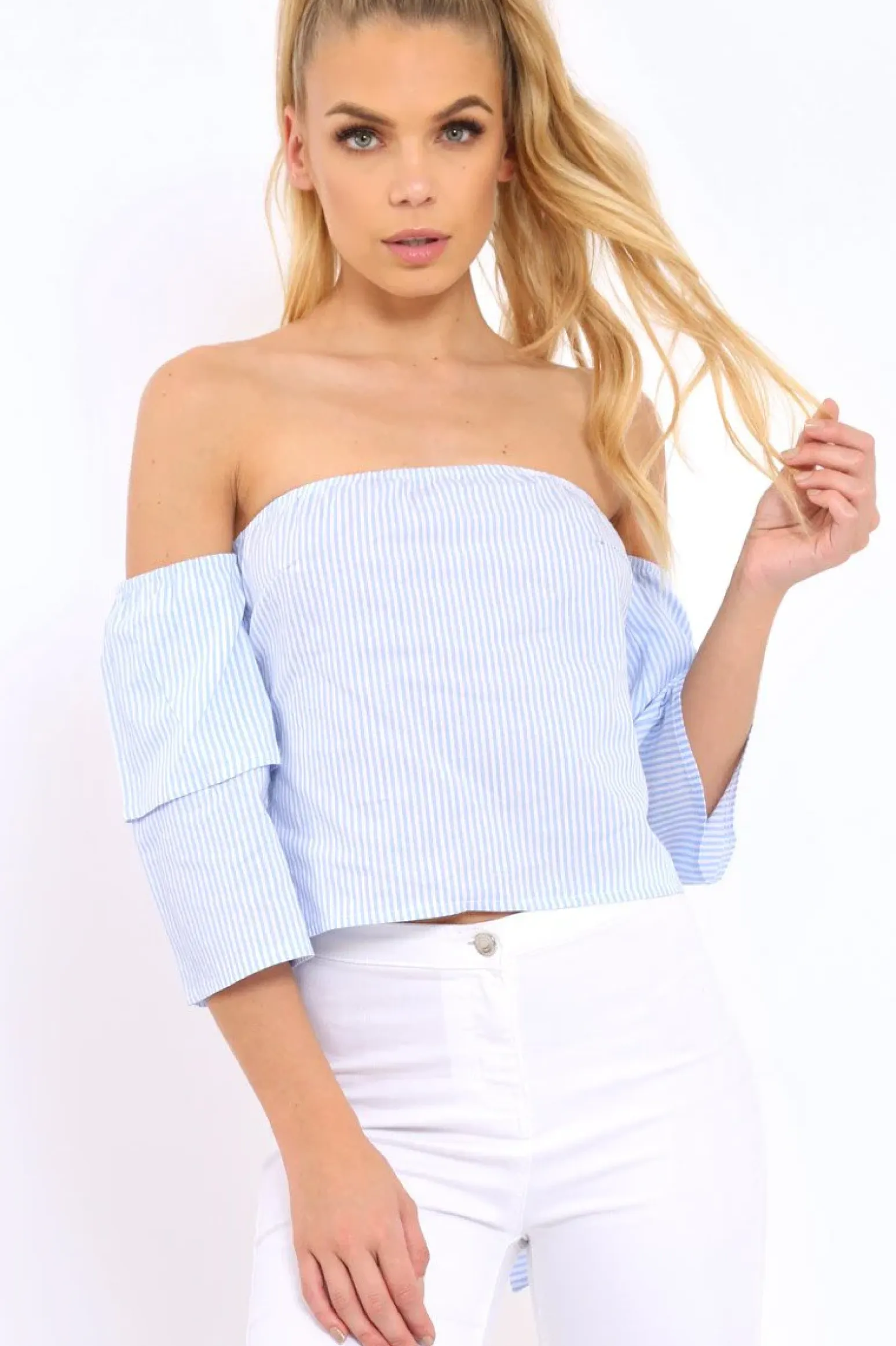 Rebellious Fashion Blue Stripe Frill Off Shoulder Tie Crop Top - Halle