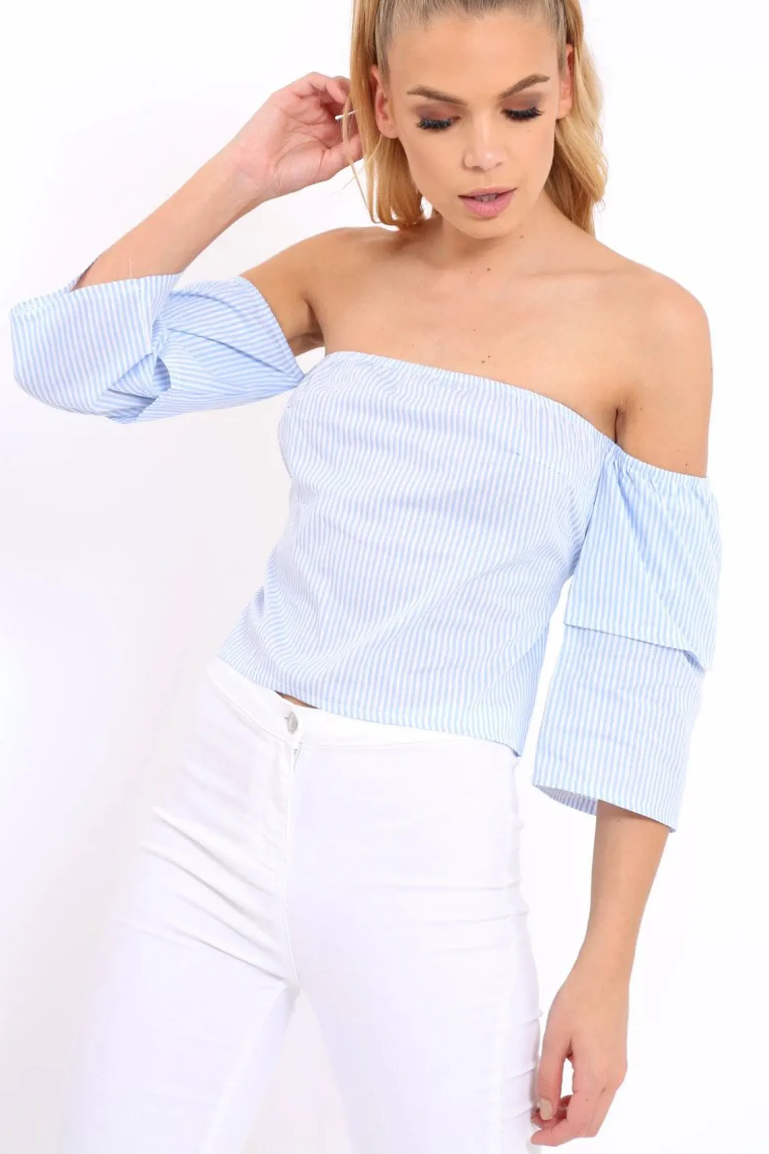Rebellious Fashion Blue Stripe Frill Off Shoulder Tie Crop Top - Halle