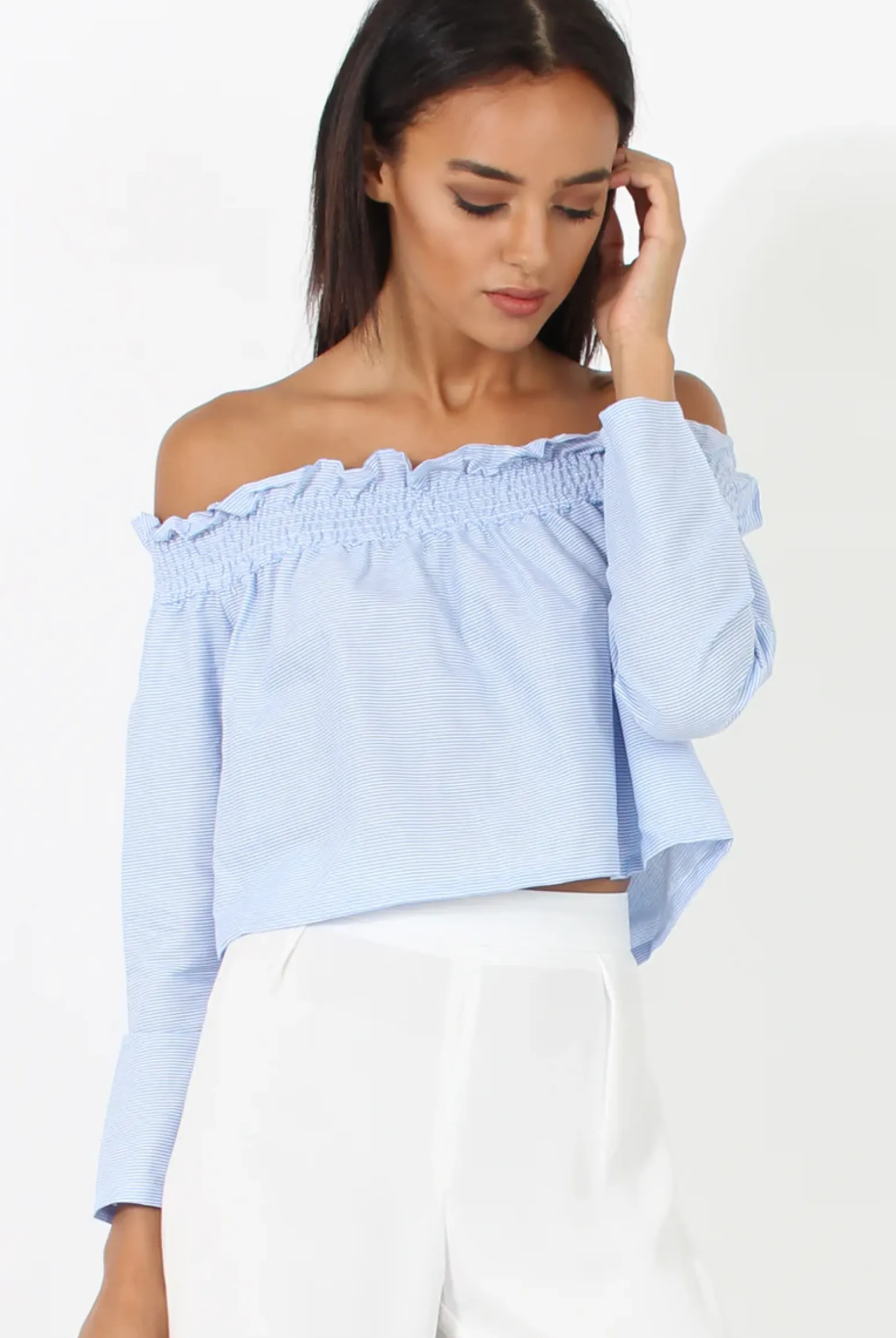 Rebellious Fashion Blue Stripe Off Shoulder Crop Top - Violetta