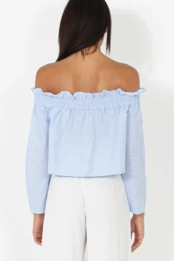 Rebellious Fashion Blue Stripe Off Shoulder Crop Top - Violetta