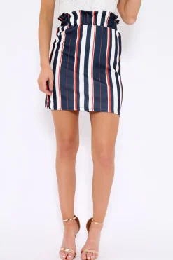 Rebellious Fashion Blue Stripe Paper Bag Ruffle Hem Mini Skirt - Lynzie