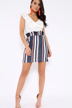 Rebellious Fashion Blue Stripe Paper Bag Ruffle Hem Mini Skirt - Lynzie