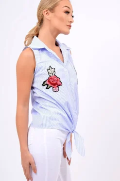 Rebellious Fashion Blue Stripe Tie Front Sleeveless Shirt - Joely