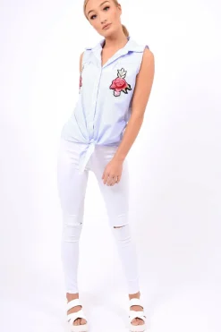 Rebellious Fashion Blue Stripe Tie Front Sleeveless Shirt - Joely