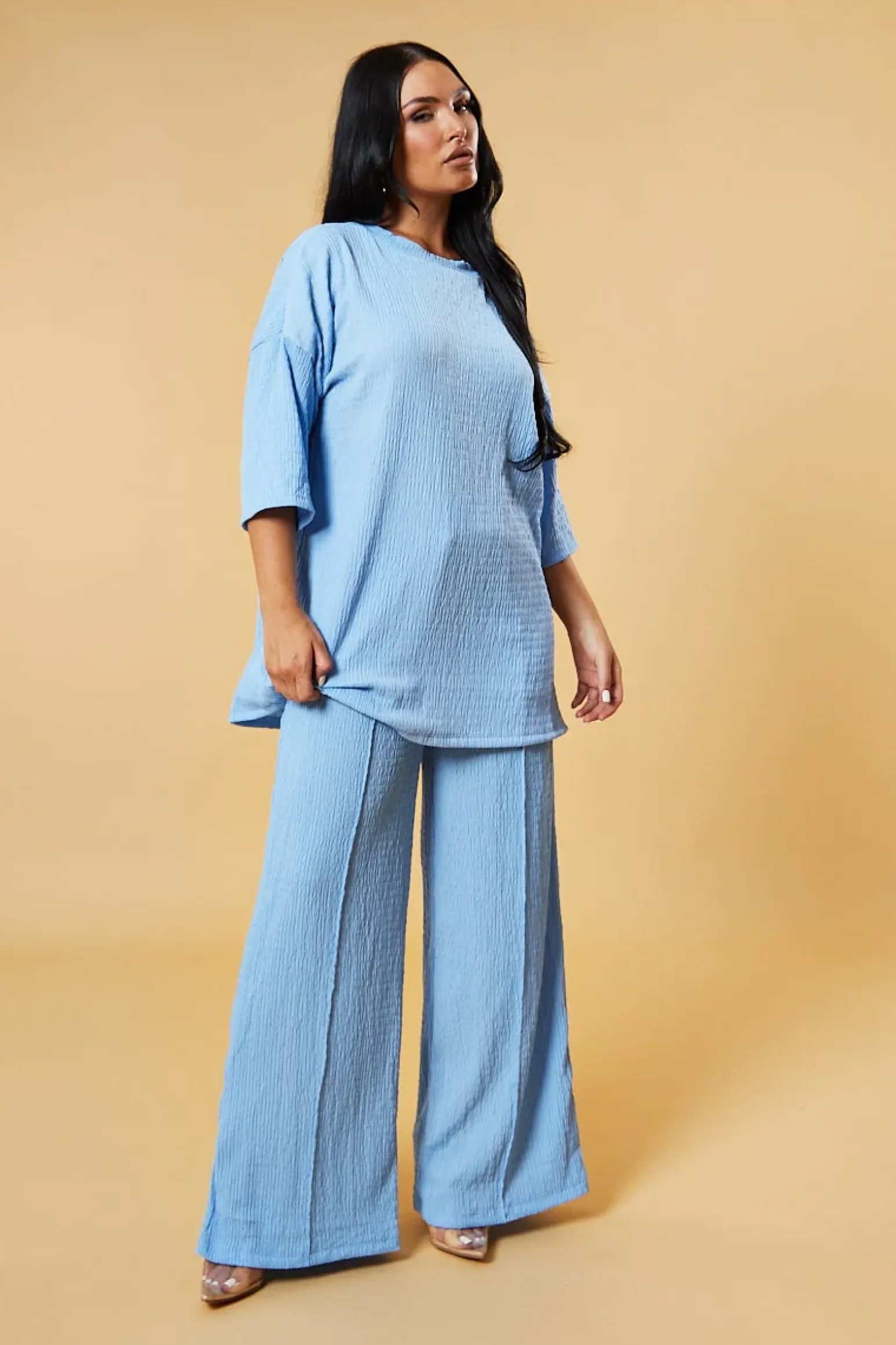 Rebellious Fashion Blue Textured Knit Trousers & Oversized Top Co-ord Set - Cecelia