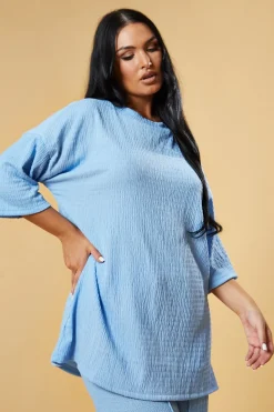 Rebellious Fashion Blue Textured Knit Trousers & Oversized Top Co-ord Set - Cecelia