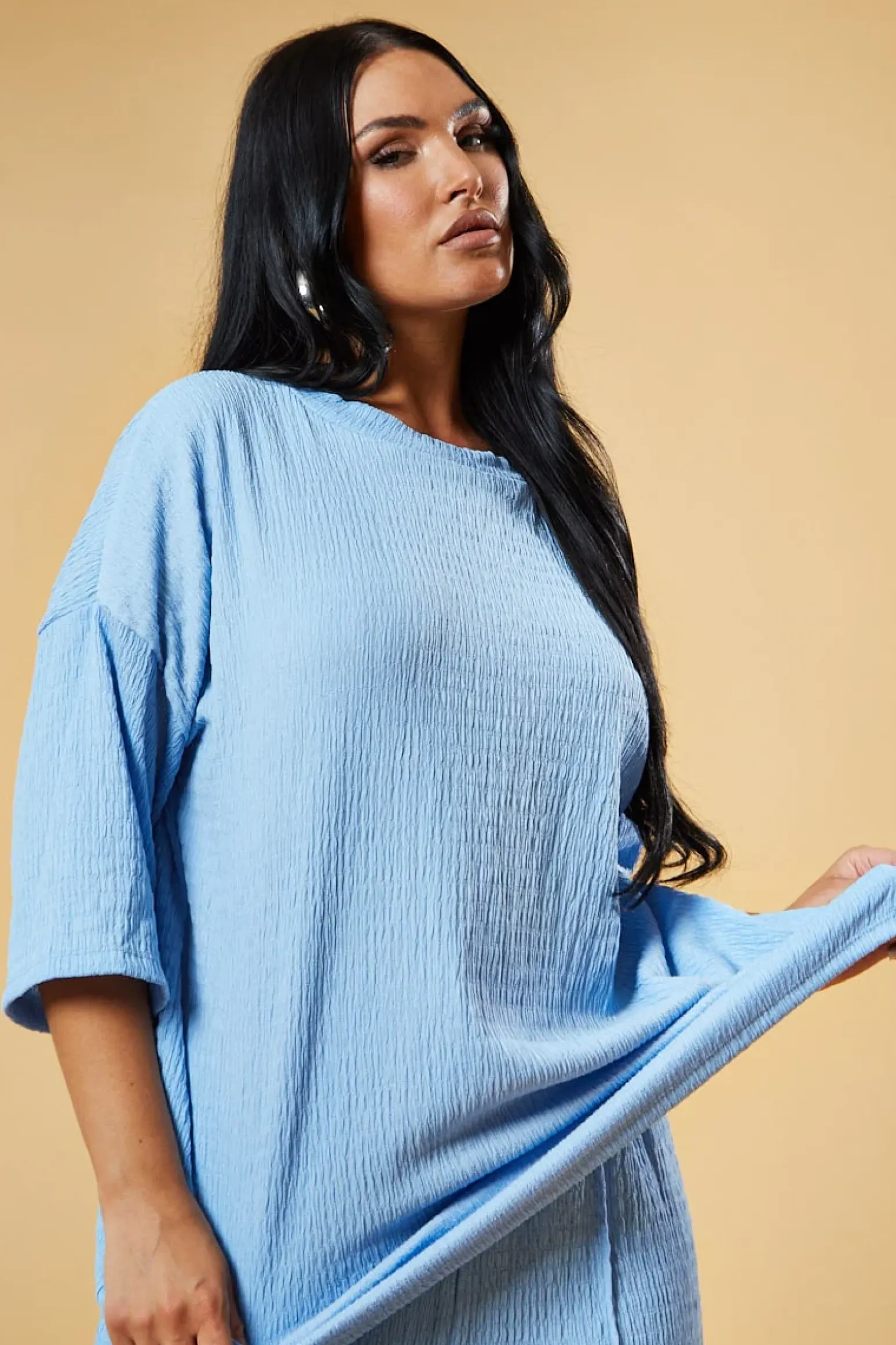 Rebellious Fashion Blue Textured Knit Trousers & Oversized Top Co-ord Set - Cecelia