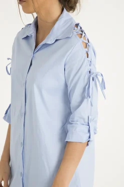Rebellious Fashion Blue Tied Shoulder Oversized Shirt Dress - Helen