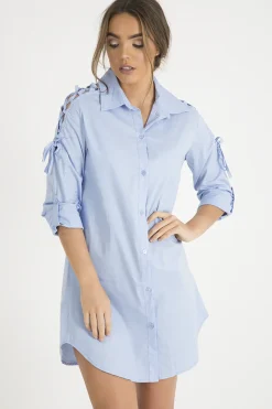 Rebellious Fashion Blue Tied Shoulder Oversized Shirt Dress - Helen