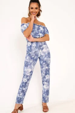 Rebellious Fashion Blue Tie Dye Bardot Jumpsuit - Kenzington