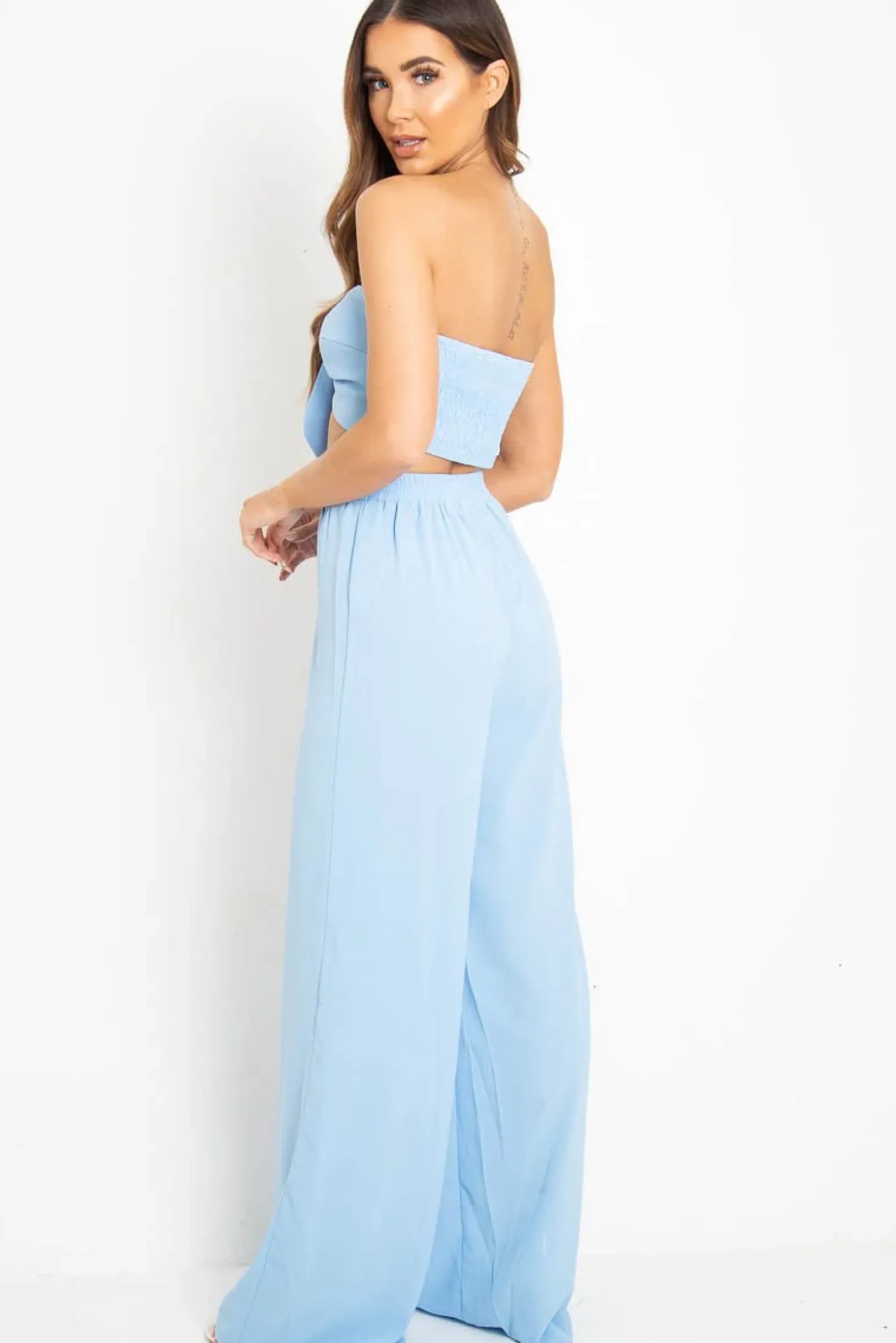 Rebellious Fashion Blue Tie Front Bandeau Wide Leg Trouser Co-Ord - Roselia