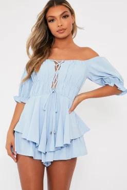 Rebellious Fashion Blue Tie Front Frill Detail Bardot Playsuit - Cera
