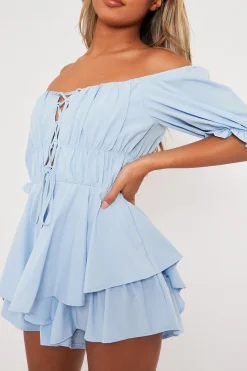 Rebellious Fashion Blue Tie Front Frill Detail Bardot Playsuit - Cera