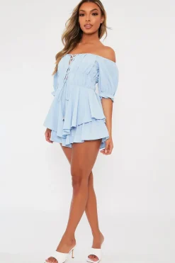 Rebellious Fashion Blue Tie Front Frill Detail Bardot Playsuit - Cera