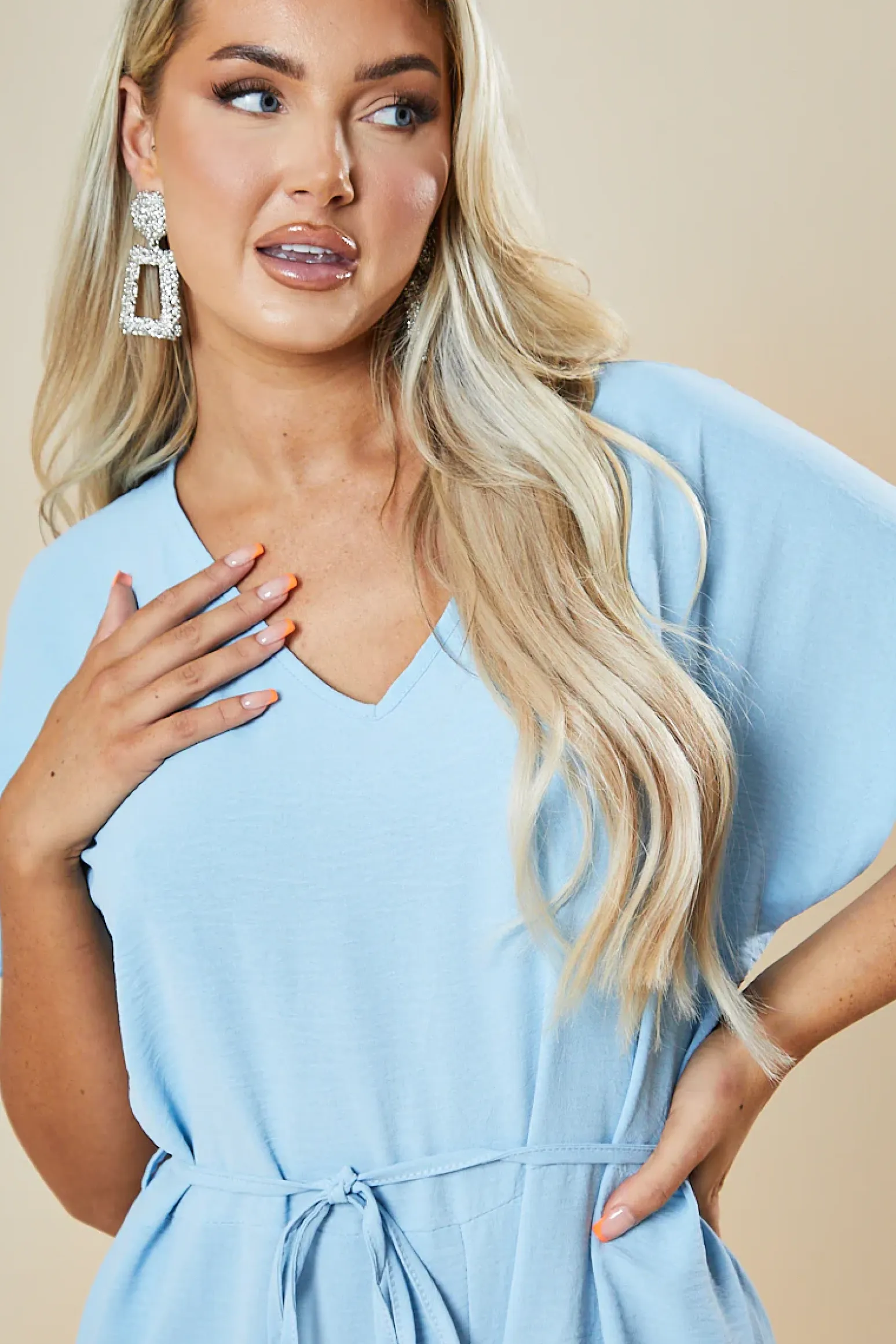 Rebellious Fashion Blue V-Neck Oversized Tie Detail Jumpsuit - Sammie