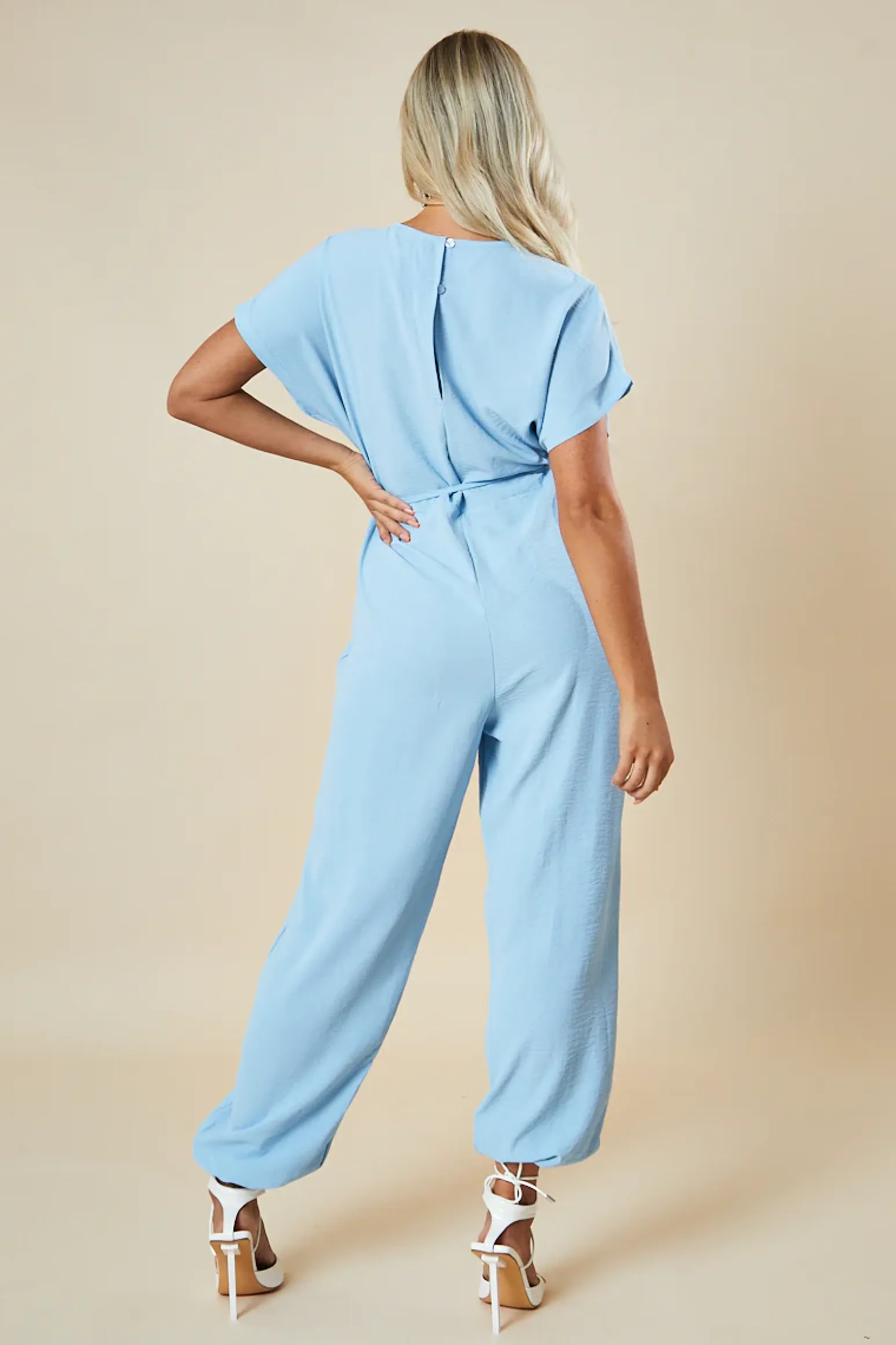 Rebellious Fashion Blue V-Neck Oversized Tie Detail Jumpsuit - Sammie