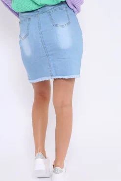 Rebellious Fashion Blue Washed Denim Raw Edge Skirt - Jamelle