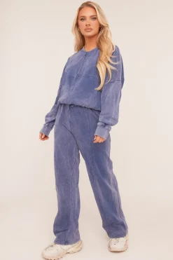 Rebellious Fashion Blue Washed Effect Zip Front Bomber & Joggers Loungewear Co-ord Set - Kamila