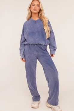 Rebellious Fashion Blue Washed Effect Zip Front Bomber & Joggers Loungewear Co-ord Set - Kamila