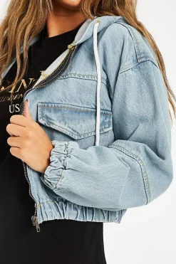 Rebellious Fashion Blue Wash Hooded Cropped Denim Jacket - Madison