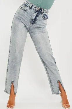 Rebellious Fashion Blue Wash Split Front Straight Jeans - Lilyrose