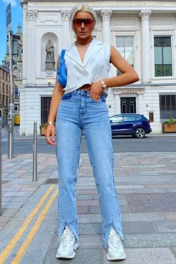 Rebellious Fashion Blue Wash Split Front Straight Jeans - Lilyrose