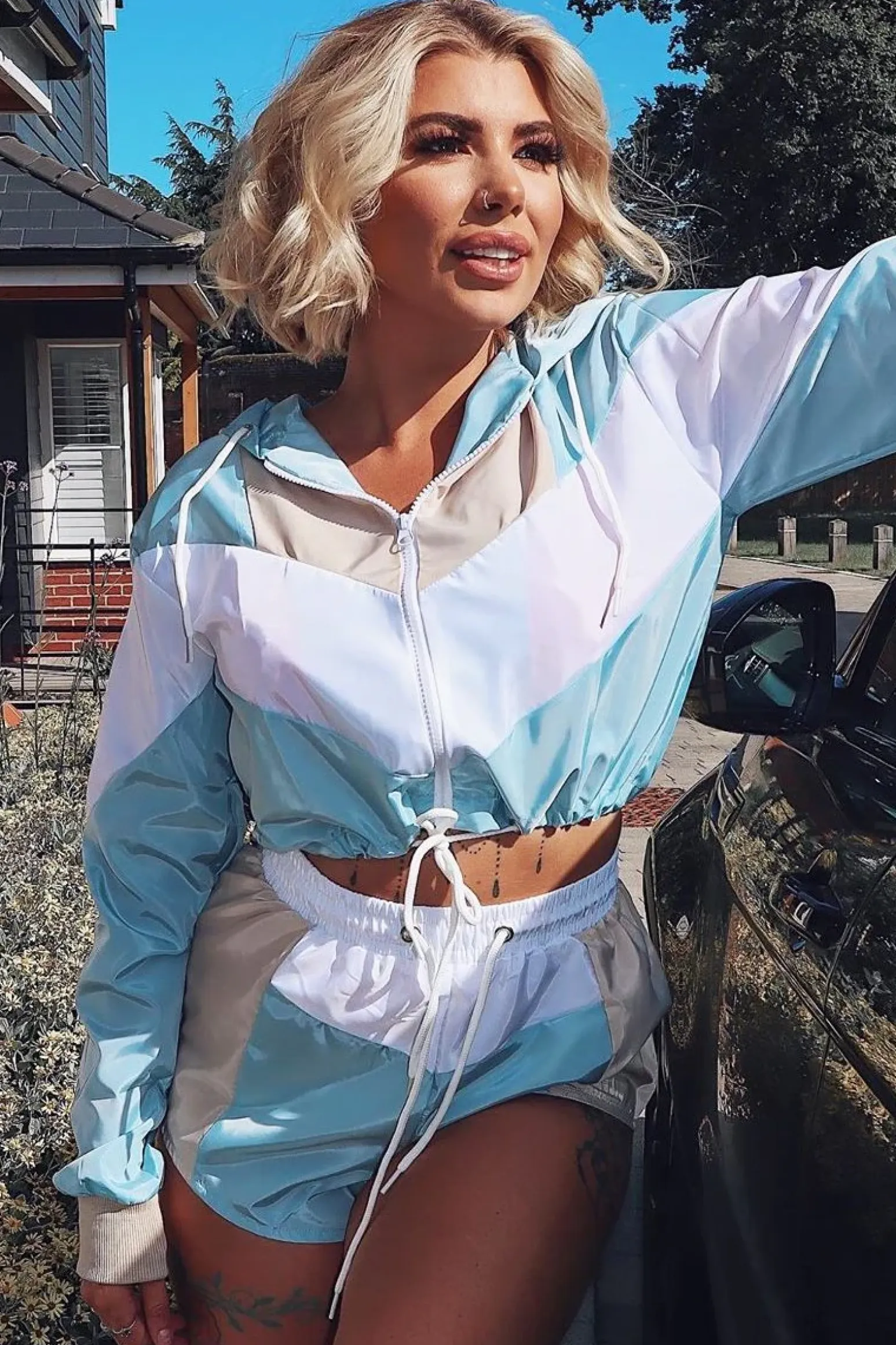Rebellious Fashion Blue White Colour Block Hooded Jacket Shorts Tracksuit Co-ord - Jettie