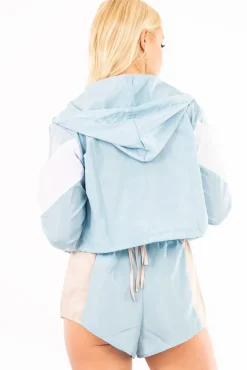 Rebellious Fashion Blue White Colour Block Hooded Jacket Shorts Tracksuit Co-ord - Jettie