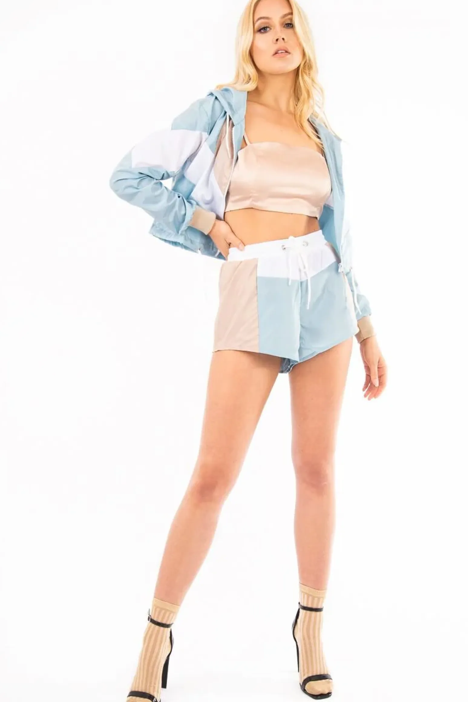 Rebellious Fashion Blue White Colour Block Hooded Jacket Shorts Tracksuit Co-ord - Jettie