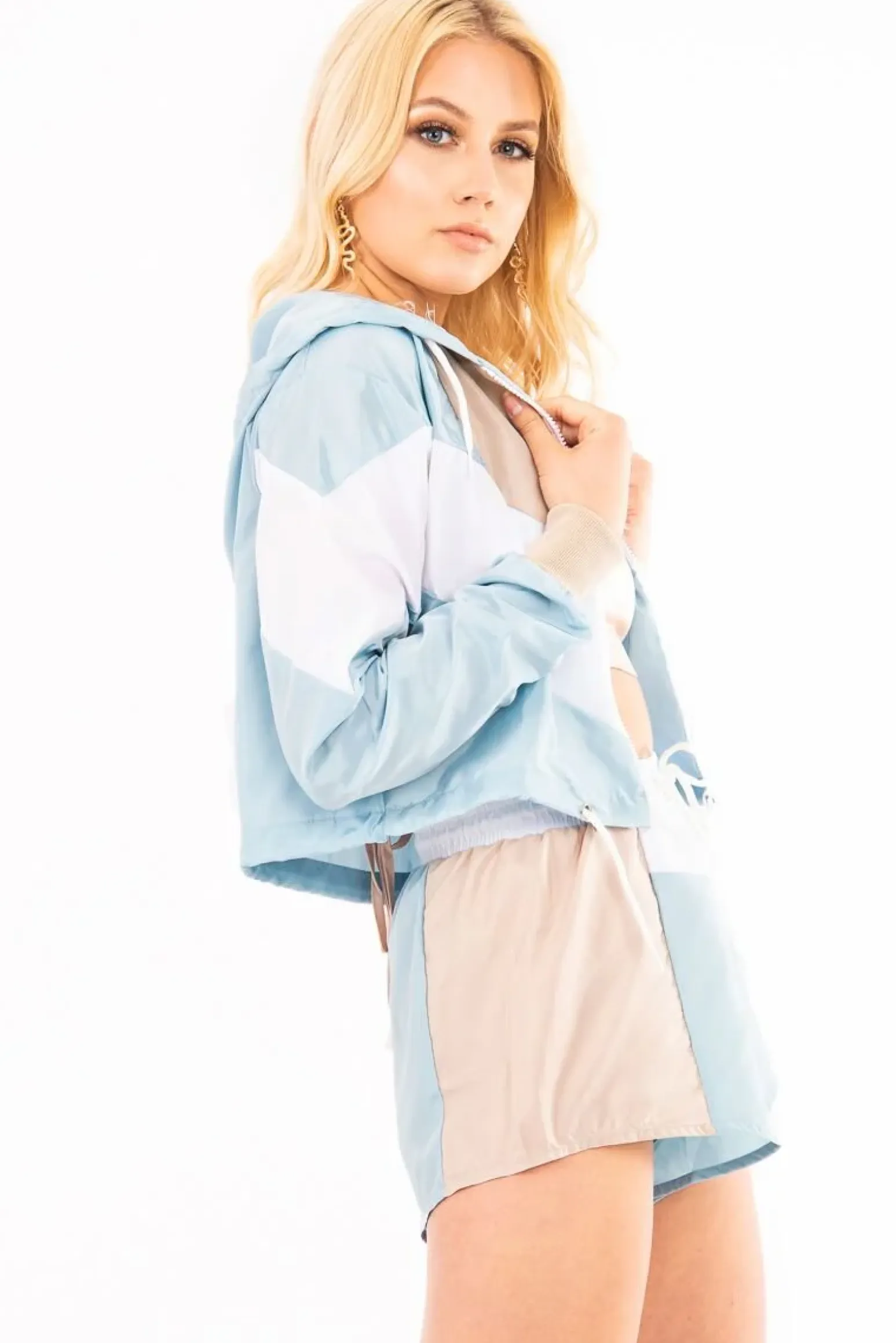 Rebellious Fashion Blue White Colour Block Hooded Jacket Shorts Tracksuit Co-ord - Jettie