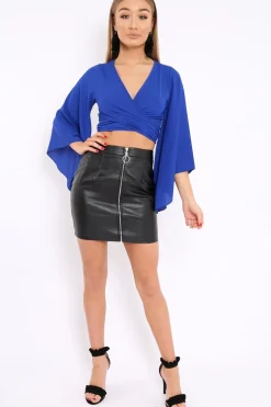 Rebellious Fashion Blue Wrap Tie Crop Blouse - Kay