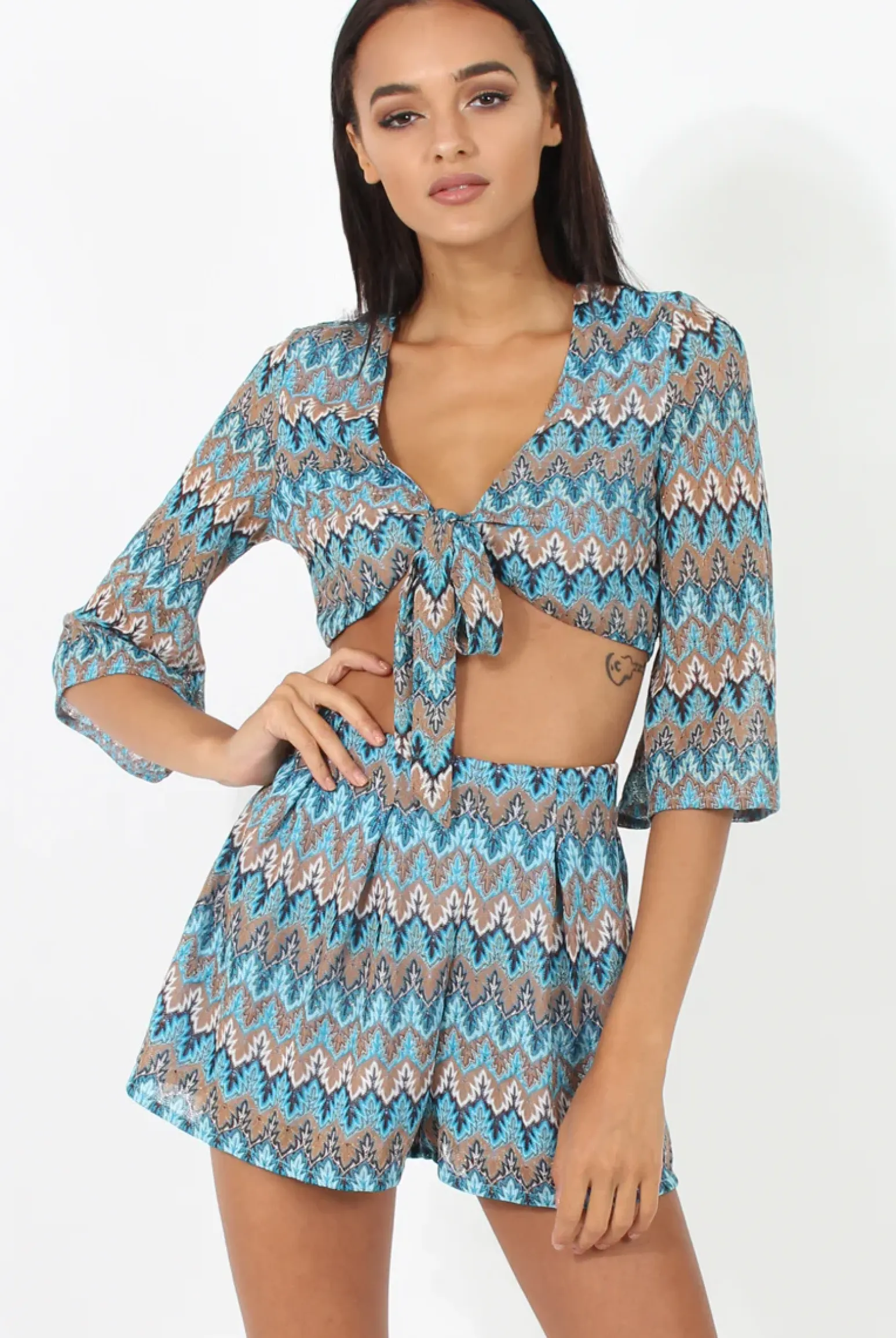 Rebellious Fashion Blue Zig Zag Crochet Tie Front Co-ord - Adele