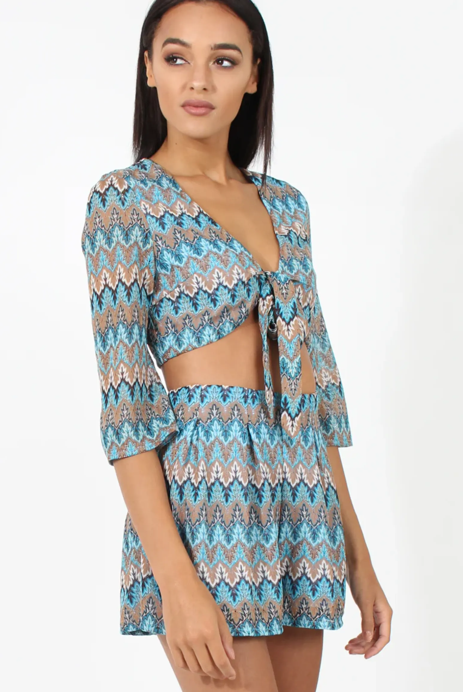 Rebellious Fashion Blue Zig Zag Crochet Tie Front Co-ord - Adele
